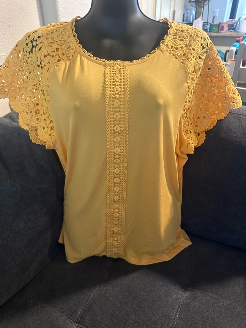 Women’s Yellow Crochet Sleeve Lace Trim Top